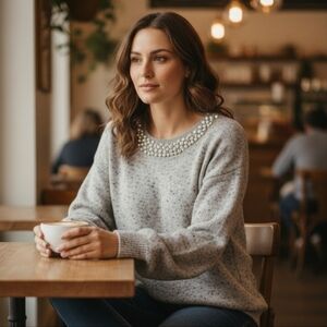 Karl Lagerfeld Paris Oversized Marled Sweater With Pearl Embellishments - Size M